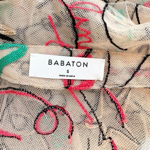 Aritzia Babaton Sheer Abstract Print Button Down Short Sleeve Shirt Embroidered - Picture 8 of 9